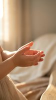 Gentle cupped hands in warm sunlight creating peaceful meditation moment with soft golden lighting and serene atmosphere for wellness and mindfulness concepts.
