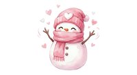 Adorable pink snowman with knit hat and scarf spreading joy with raised arms surrounded by floating hearts on white background for winter designs.