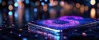 Futuristic microchip with glowing pink and blue lights on dark background, bokeh effect creates magical atmosphere. Technology concept for computing and AI.