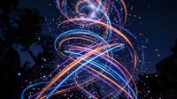 Colorful light trails spiral through starry night sky creating dynamic energy streams with glowing particles and luminous effects for digital art projects.