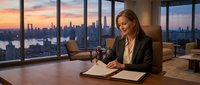 Businesswoman in professional attire working at desk in high-rise office with panoramic city skyline view at sunset, suitable for corporate and business concepts.