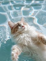 Cream colored long-haired cat relaxing in swimming pool, floating on water surface with peaceful expression. Turquoise water creates rippling patterns around fluffy feline.