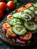 Fresh cucumber and tomato salad with red onion rings and herbs on wooden cutting board, seasoned with spices and olive oil, close up view.