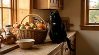 Black cat sitting on wooden table next to wicker basket filled with fresh apples and autumn produce in warm rustic kitchen setting with natural window light.