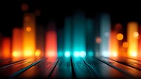 Dramatic wooden surface with blurred colorful bokeh lights creating depth perspective, dark atmospheric background for product display or presentation.