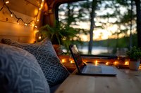 Cozy evening workspace with laptop inside camping van, fairy lights and decorative pillows against window view of sunset through forest and lake.