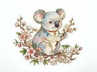 Cute koala holding branches surrounded by pink flowers and botanical elements on white isolated background, suitable for nursery decor, children's apparel, and design projects.