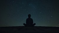 Silhouette of person meditating under starry night sky, sitting in lotus position on hill against dark green cosmic background. Mindfulness and spirituality concept.