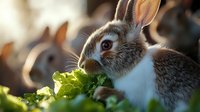 Young domestic rabbit eating fresh green lettuce leaves in warm sunlight with blurred rabbits in background for pet care and animal nutrition concepts.