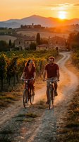 Couple riding bicycles on rural dirt road through vineyard at golden sunset with rolling hills and historic villa in background, perfect for travel and lifestyle content.