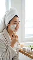 Young Asian woman applying facial mask with brush in bathroom wearing white bathrobe and towel on head during morning skincare routine at home spa.
