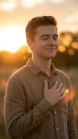 Young Caucasian man with brown hair wearing beige button-up shirt, hand on chest with eyes closed, standing outdoors during golden hour sunset with blurred bokeh background, expressing gratitude, peace, or mindfulness for wellness and lifestyle content.