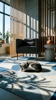 Modern living room interior with sleeping cat on geometric rug, wooden slat partition, black armchair and natural sunlight creating shadow patterns.