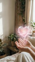 Woman holding glowing neon pink heart with sparkles in bright sunlit room with plants and natural light for love, wellness, and mindfulness concepts.