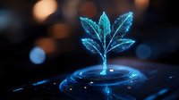 Glowing blue plant emerging from rippling water surface with bokeh light effects in dark background, creating magical nature concept for environmental designs.