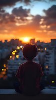 Silhouette of young boy sitting on rooftop edge watching dramatic orange sunset over city skyline with bokeh lights creating dreamy urban atmosphere.