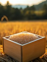 Fresh uncooked rice grains in wooden square box against golden wheat field at sunset, natural organic farming concept with warm sunlight background.