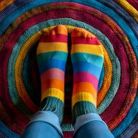 Colorful striped socks on feet positioned on circular rainbow rug, creating playful symmetrical composition perfect for lifestyle, fashion, and home decor projects.