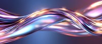 Luminous flowing waves in purple, blue and copper colors create dynamic abstract background with glossy metallic effect and light streaks.