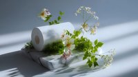 White paper roll with delicate spring flowers and green leaves arranged on marble surface in dramatic lighting, creating minimalist composition with soft shadows.