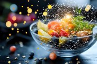 Fresh fruit salad with water splash in glass bowl against dark background, dynamic composition with flying drops and bokeh lights, appetizing healthy food.