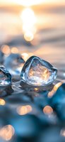 Melting ice crystal on water surface at sunset with golden bokeh lights and reflections creating magical winter atmosphere. Perfect for seasonal designs.