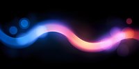 Glowing wavy line with blue and pink neon colors on black background, abstract light trail effect with bokeh elements creates modern dynamic design.
