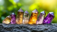 Vibrant amethyst and citrine crystal points arranged on dark stone with natural bokeh background, showcasing alternating purple and golden healing minerals.