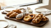 Fresh baked pastries and croissants on wooden board near window with morning light creating cozy breakfast atmosphere for cafe menu design.