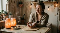 Young woman enjoying cozy bohemian home workspace with salt lamp and plants. Relaxed female in knit sweater at wooden desk with warm lighting and greenery.