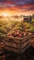Fresh sweet potatoes in a rustic wooden crate on a farm field at sunset, with a farmer and truck in the misty background.