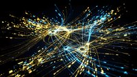 Digital network connection with glowing particles and light trails radiating from central point, representing data flow, technology infrastructure, and global communication systems.