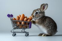 Cute bunny rabbit pushing a mini shopping cart full of carrots, isolated on white background, fun Easter and pet concept.