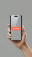Female hand holding a modern smartphone with a red Buy Now button on screen, symbolizing mobile shopping and e-commerce on gray background.