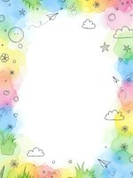 Colorful watercolor frame with doodle elements, clouds, stars, flowers and paper planes on white background. Isolated border for creative design projects.