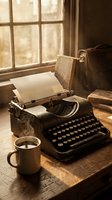 Vintage typewriter with coffee cup on wooden desk by window in warm sepia lighting creating nostalgic writer workspace atmosphere for creative projects.
