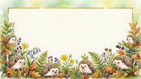 Cute hedgehogs surrounded by autumn flowers, mushrooms, and foliage on isolated background, perfect for children's designs, greeting cards, and seasonal projects.