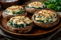Baked portobello mushroom caps filled with creamy spinach and melted cheese mixture served on wooden plate, garnished with fresh herbs for appetizer.