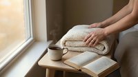 Cozy morning scene with hands folding knitted blanket on wooden table near window, coffee cup and open book creating warm domestic atmosphere.