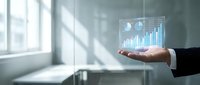 Businessman hand holding holographic data analytics dashboard with glowing charts and graphs for financial reporting, business intelligence, and corporate performance metrics.