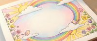 Colorful rainbow frame with sun, clouds and flowers creating whimsical border on paper, isolated background ready for text overlay and creative design projects.
