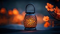 Glowing orange mosaic lantern with warm light against dark background, with soft focus orange flowers creating magical garden atmosphere.