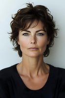 Confident middle-aged woman with short dark tousled hair and striking blue eyes wearing black sweater against light background, natural makeup and serious expression.