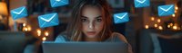 Young woman looking at laptop screen with glowing email icons floating around, night city lights in background creating moody atmosphere. Digital communication concept.