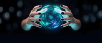 Hands holding glowing blue digital sphere with network connections, representing technology, innovation, and future digital transformation for business and science concepts.