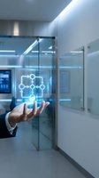 Businessman hand displaying glowing network diagram hologram in modern office corridor with glass walls and LED lighting for digital transformation concepts.