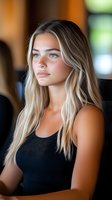 Young blonde Caucasian woman in black top with long wavy hair looking away thoughtfully in warm indoor setting with natural lighting and soft bokeh background.