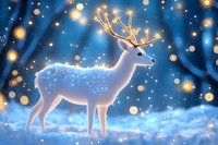 Magical glowing white deer standing in snowy winter forest at night with golden bokeh lights and sparkles creating enchanted woodland atmosphere.