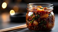 Homemade chili oil with garlic and herbs in glass jar on wooden surface with warm bokeh lights creating cozy kitchen atmosphere for culinary projects.