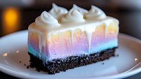 Rainbow cheesecake slice with chocolate cookie base and whipped cream topping on white plate, featuring vibrant pastel layers of blue, pink, and yellow gradient.